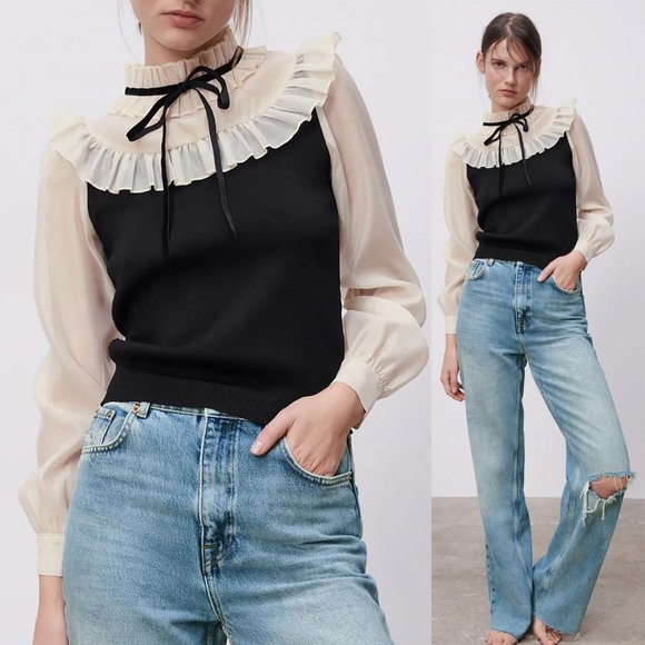NEW Zara Contrasting Organza Ruffle Sweater Top S - Picture 11 of 11